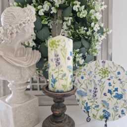 Beautiful Blue Floral Wax Or Flameless Pillar Candles - thumbnail 3
