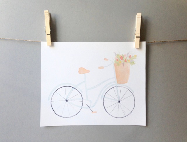Mint Watercolor Bicycle With Basket Of Flowers Print - Nursery Art Whimsical - image 1