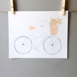 Mint Watercolor Bicycle With Basket Of Flowers Print - Nursery Art Whimsical - thumbnail 3