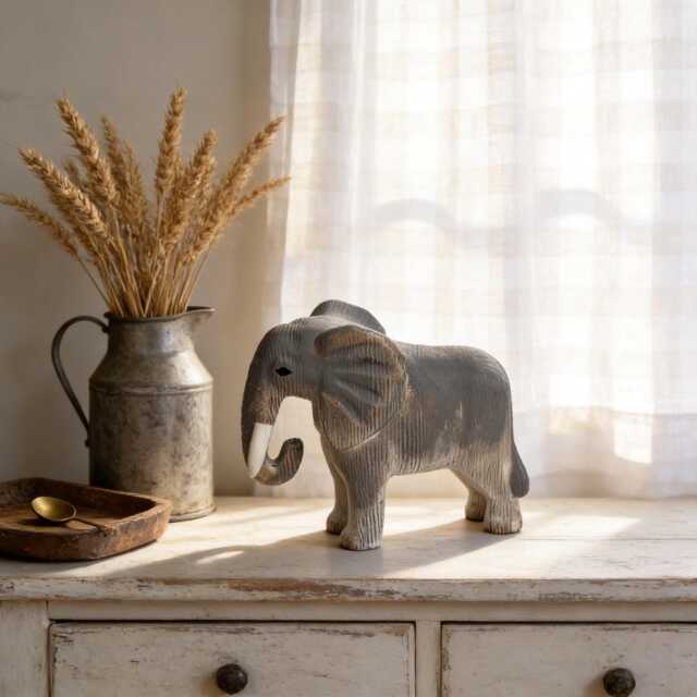 Hand-Carved Wooden Elephant Figurine - Rustic Boho Nursery Decor, Shelf Sitter - image 1