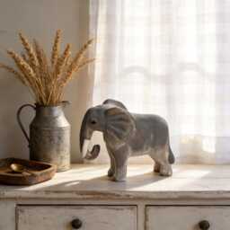 Hand-Carved Wooden Elephant Figurine - Rustic Boho Nursery Decor, Shelf Sitter