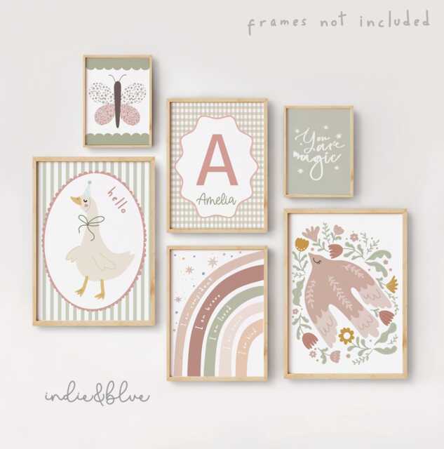 Set Of 6 Personalised Wildflower Prints For Girls Bedroom, Retro Dusty Pink & Green Gallery Wall Prints, Peace Dove, Butterfly, Dog - image 1