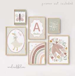 Set Of 6 Personalised Wildflower Prints For Girls Bedroom, Retro Dusty Pink & Green Gallery Wall Prints, Peace Dove, Butterfly, Dog - thumbnail 1