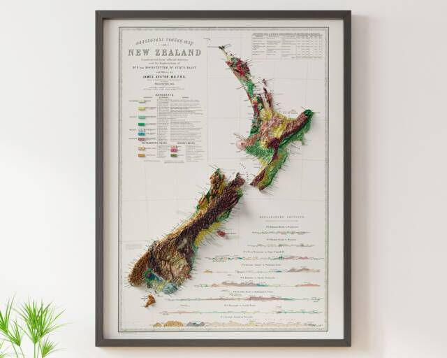 Geological Map Of New Zealand - Vintage Geology Shaded Relief - image 1