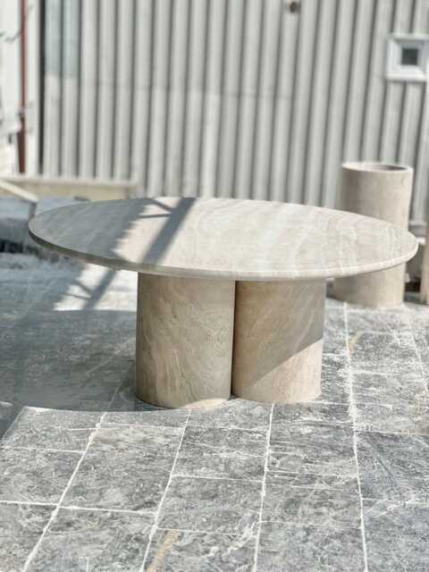 Custom Travertine Dining Table Vein Cut Stone, Rounded Base - image 1