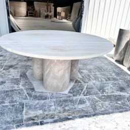 Custom Travertine Dining Table Vein Cut Stone, Rounded Base - thumbnail 2