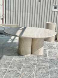 Custom Travertine Dining Table Vein Cut Stone, Rounded Base