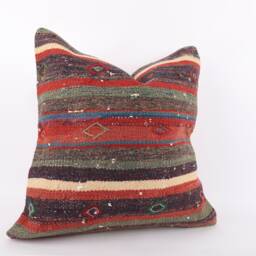 Handwoven Turkish Kilim Pillow Cover Textured Boho Floor Cushion - 24x24 - thumbnail 2