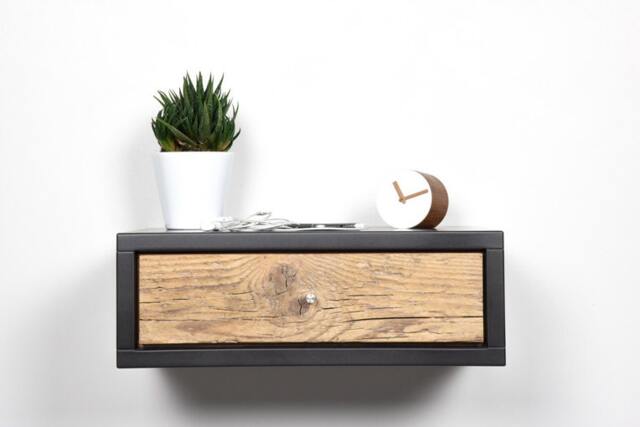 Floating Nightstand Gray Stone With Drawer in Old Wood Scandinavian Design - image 1