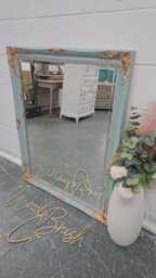 French Louis Ornate Dress Mirror Painted Eggshell Copper Leaf Gilding - thumbnail 1
