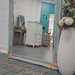 French Louis Ornate Dress Mirror Painted Eggshell Copper Leaf Gilding - thumbnail 2