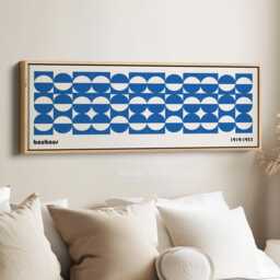 White Bauhaus Geometric Horizontal Wall Art Long Narrow Framed Canvas Print For Bedroom Living Room Office Or Hallway Decor