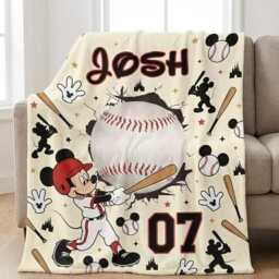 Custom Mickey Mouse Baseball Blanket, Personalized Name Number Sport Lover Gift, Gift For Kid, Mom - thumbnail 1