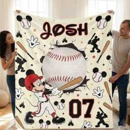 Custom Mickey Mouse Baseball Blanket, Personalized Name Number Sport Lover Gift, Gift For Kid, Mom - thumbnail 3