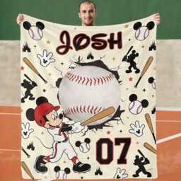 Custom Mickey Mouse Baseball Blanket, Personalized Name Number Sport Lover Gift, Gift For Kid, Mom - thumbnail 2