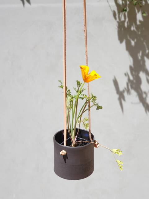 Black Hanging Planter With Leather Straps, Minimalist Pottery Pot, Ceramic Planter, Succulent Modern - image 1