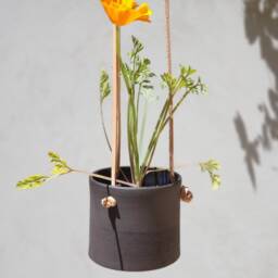 Black Hanging Planter With Leather Straps, Minimalist Pottery Pot, Ceramic Planter, Succulent Modern - thumbnail 3