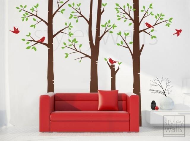 Birch Trees Wall Decal, Forest Winter & Birds Living Room Decal For Home Decor - image 1