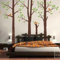 Birch Trees Wall Decal, Forest Winter & Birds Living Room Decal For Home Decor - thumbnail 2