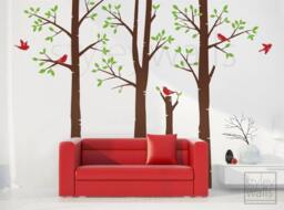 Birch Trees Wall Decal, Forest Winter & Birds Living Room Decal For Home Decor