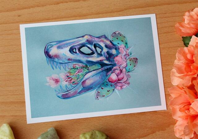 T-Rex Skull With Cactus Flower, Art Print // Colorful Floral Dinosaur Wall - image 1