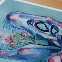T-Rex Skull With Cactus Flower, Art Print // Colorful Floral Dinosaur Wall - thumbnail 3