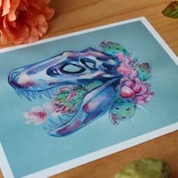T-Rex Skull With Cactus Flower, Art Print // Colorful Floral Dinosaur Wall - thumbnail 2