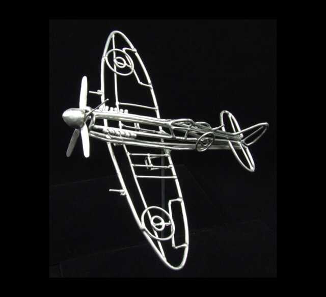 Handmade Detailed Spitfire Wwii British Airplane Sculpted Entirely Of Aluminum Wire Metal Historical Sculpture Welded Art - image 1
