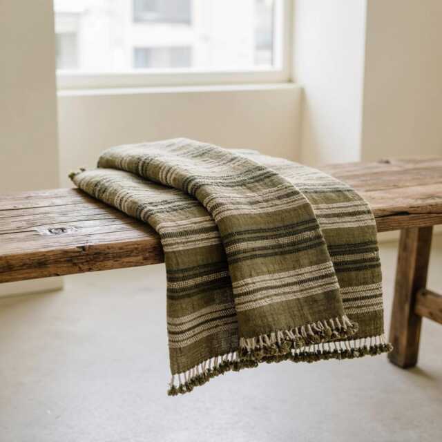 Olive Striped Indian Wool Throw Blanket, Handwoven Couch Coverlet With Earthy Bed Accent - Moss - image 1