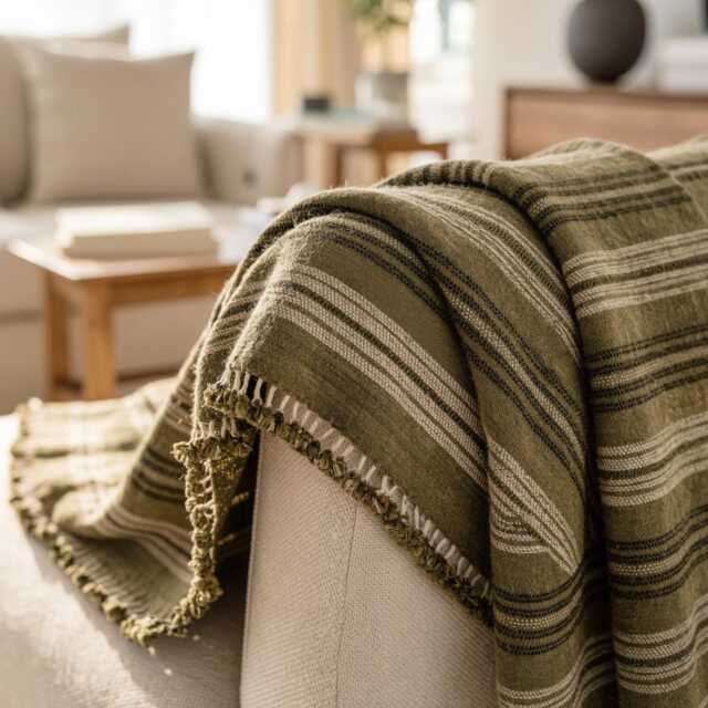 Olive Green Striped Indian Wool Throw Blanket, Handwoven Sofa Coverlet & Bed Runner - Moss - image 1