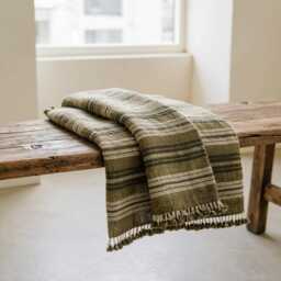 Olive Striped Indian Wool Throw Blanket, Handwoven Couch Coverlet With Earthy Bed Accent - Moss
