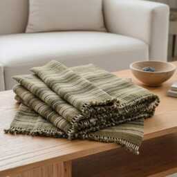 Olive Striped Indian Wool Throw Blanket, Handwoven Couch Coverlet With Earthy Bed Accent - Moss - thumbnail 4