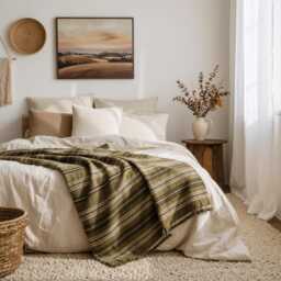 Olive Green Striped Indian Wool Throw Blanket, Handwoven Sofa Coverlet & Bed Runner - Moss - thumbnail 2