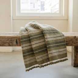 Olive Green Striped Indian Wool Throw Blanket, Handwoven Sofa Coverlet & Bed Runner - Moss - thumbnail 3