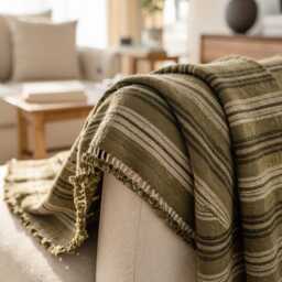 Olive Striped Indian Wool Throw Blanket, Handwoven Couch Coverlet With Earthy Bed Accent - Moss - thumbnail 3