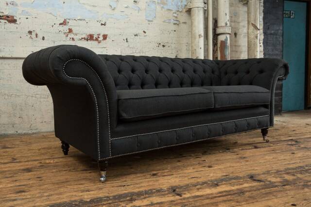 3 Seater Charcoal Grey Herringbone Wool Chesterfield Sofa, British Handmade - image 1