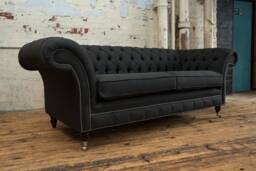 3 Seater Charcoal Grey Herringbone Wool Chesterfield Sofa, British Handmade - thumbnail 1
