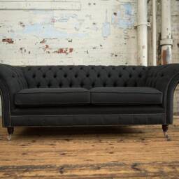 3 Seater Charcoal Grey Herringbone Wool Chesterfield Sofa, British Handmade - thumbnail 2