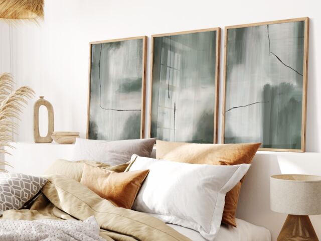 Green Abstract Art Prints - Bohemian Wall Decor, Set Of 3 - image 1