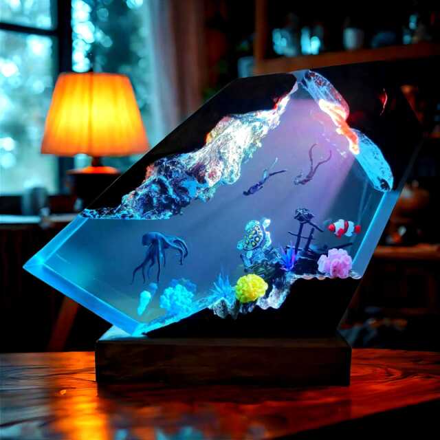 Octopus & Divers Ocean Resin Lamp - Underwater Diorama Night Light - Handmade Marine Decor With Coral Reef Scene Nautical Led Table - image 1