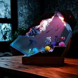 Octopus & Divers Ocean Resin Lamp - Underwater Diorama Night Light - Handmade Marine Decor With Coral Reef Scene Nautical Led Table - thumbnail 3