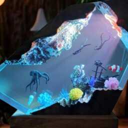 Octopus & Divers Ocean Resin Lamp - Underwater Diorama Night Light - Handmade Marine Decor With Coral Reef Scene Nautical Led Table - thumbnail 2