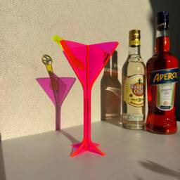 Neon Pink Acrylic Martini Glass Sculpture Contemporary Bar Decor - thumbnail 2