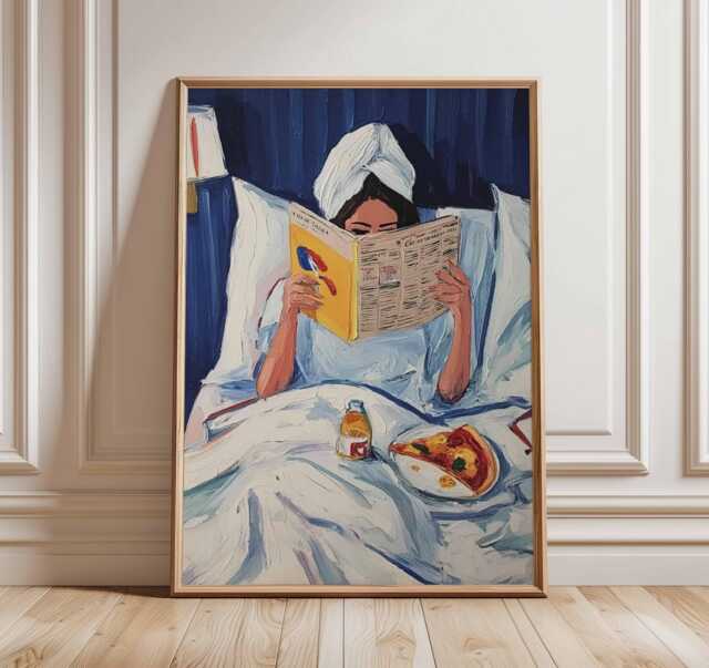Woman Reading in Bed Wall Art Print - Modern Figurative Poster Cozy Lifestyle Painting Contemporary Home Decor Design - image 1