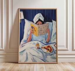 Woman Reading in Bed Wall Art Print - Modern Figurative Poster Cozy Lifestyle Painting Contemporary Home Decor Design - thumbnail 1