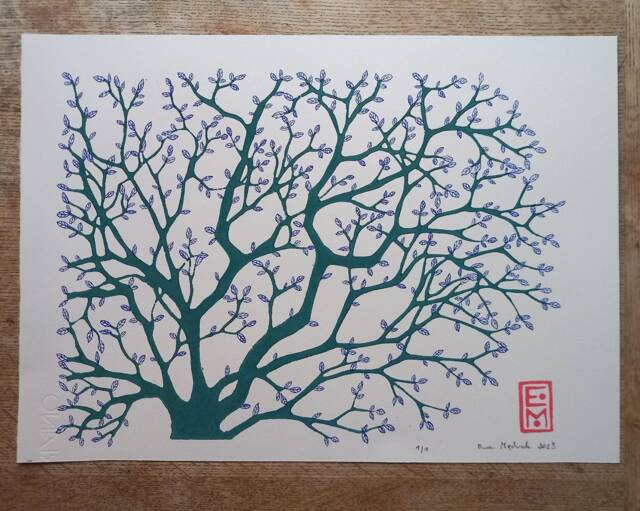 Linocut & Drawing Leaves, Original Artwork, Mixed Media, Contemporary Art, Botanical Garden Trees, Unique Artwork - image 1