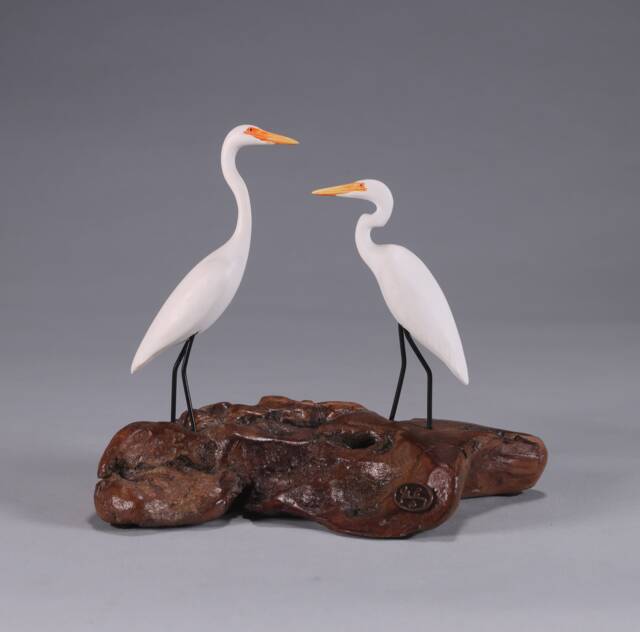 Egret Duo Sculpture By John Perry 5In Long Hand Painted - image 1