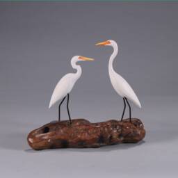 Egret Duo Sculpture By John Perry 5In Long Hand Painted - thumbnail 2