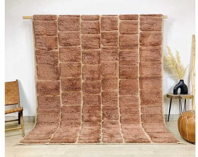 Camel Brown Minimalist Grid Moroccan Rug - Handmade Solid Berber Shag Carpet Large Area Cozy Cinnamon Wool Decor - image 1