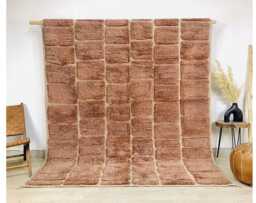 Camel Brown Minimalist Grid Moroccan Rug - Handmade Solid Berber Shag Carpet Large Area Cozy Cinnamon Wool Decor - thumbnail 1